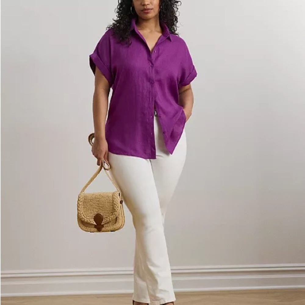 Lauren Ralph Lauren relaxed fit linen button-up shirt short sleeve purple small - Picture 3 of 7